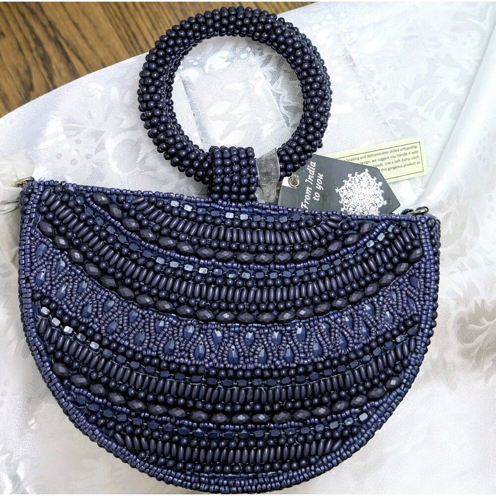 NWT Crescent Beaded Bag Artisan Handmade India Blue Top Handles Crossbody Chain